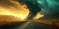 Tornado Approaches Road During Sunset over Mountains and Fields, Dramatic Weather Phenomenon Royalty Free Stock Photo