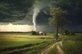 tornado approaching a rural landscape