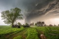 tornado barreling toward farmhouse, with stormchaser in pursuit Royalty Free Stock Photo