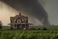 tornado barreling toward farmhouse, with stormchaser in pursuit Royalty Free Stock Photo