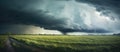 A tornado is tearing through a rural field with lightning flashing in the sky