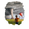 Tornado digital art illustration of natural disaster. Whirlwind ruins everything, boy with kit back view, crash caused Royalty Free Stock Photo