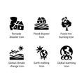 Tornado disaster, Flood disaster, Forest fire burning, climate change, Earth melting, Global warming, icon Royalty Free Stock Photo