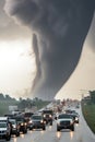 Tornado displacing next to motorway with vehicles running away.