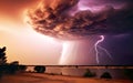 A tornado is formed in the middle of thunder and lightning, which causes great damage to the desert landscape. Royalty Free Stock Photo