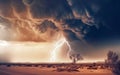 A tornado is formed in the middle of thunder and lightning, which causes great damage to the desert landscape. Royalty Free Stock Photo