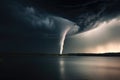tornado forming a dark funnel cloud over a lake