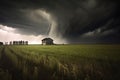 tornado forming over open field with dark clouds