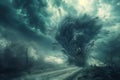 A tornado forms as dark clouds swirl, creating an ominous vibe in the countryside