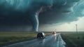 A Tornado forms on the horizon in a field next to a highway. Generative AI