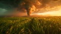 Tornado in a grass field: A dramatic stormscape unfolding AI Image Royalty Free Stock Photo