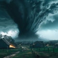 Tornado havoc, dark cloud looms, village swept, destruction unfolds