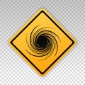 Tornado icon. Cyclone yellow sign. Spiral tornado. Blow hurricane. Tropical storm. Road warning. Alert symbol isolated on backgrou