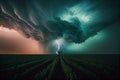 tornado and lightning over the harvest field.generative ai