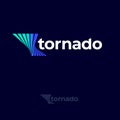 Tornado logo. Twisted shapes like vortex and white letters. Blue tornado emblems.