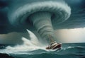 tornado the middle of the ocean with a drifting boat Royalty Free Stock Photo