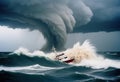 tornado the middle of the ocean with a drifting boat Royalty Free Stock Photo