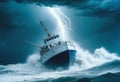 tornado the middle of the ocean with a drifting boat Royalty Free Stock Photo