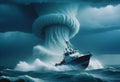 tornado the middle of the ocean with a drifting boat Royalty Free Stock Photo