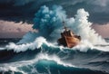 tornado the middle of the ocean with a drifting boat Royalty Free Stock Photo
