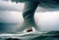 tornado the middle of the ocean with a drifting boat Royalty Free Stock Photo