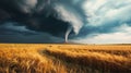 Tornado over a field with dark storm clouds. Royalty Free Stock Photo