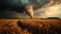 Tornado over a field with dark storm clouds. Royalty Free Stock Photo