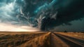 Tornado over a rural road amidst dark stormy skies