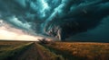 Tornado over a rural road amidst dark stormy skies