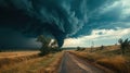 Tornado over a rural road amidst dark stormy skies