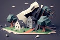 tornado-ravaged neighborhood, with houses torn apart and debris scattered across lawns and streets, concept, AI