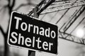 Tornado shelter sign, black and white photo Royalty Free Stock Photo