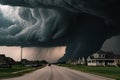 Tornado storm covering the town. Massive grey cloudscape in the sky. Generative AI