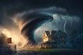Tornado storm destroying houses, hurricane twister hits city, generative AI