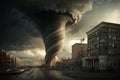 Tornado storm hits buildings, hurricane twister destroying city, generative AI