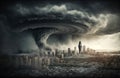 Tornado storm hits city, hurricane twister destroying buildings, generative AI