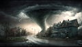 Tornado storm hits city, hurricane twister destroying houses, generative AI