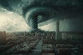 Tornado storm hits city, strange hurricane twister destroying buildings, generative AI