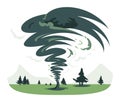 Tornado swirling in a green meadow with trees. Natural disaster concept with dark stormy clouds and vortex. Catastrophic