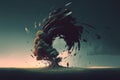 tornado tearing through a countryside, with dark clouds overhead and trees and debris swirling in the wind, concept, AI