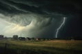 a tornado touching down in an open field under dark clouds Royalty Free Stock Photo