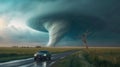 A tornado twister in a field next to a highway causing widespread damage. Generative AI