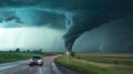 A tornado twister in a field next to a highway causing widespread damage. Generative AI