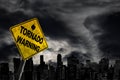 Tornado Warning Sign Against City Silhouette With Copy Space