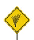 Tornado warning on a on yellow highway caution road sign