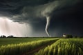 tornados funnel cloud touching down on open field Royalty Free Stock Photo