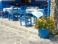 Toroni, Greece, July 2019. Traditional greek tavern on the beach next to the promenade. Royalty Free Stock Photo