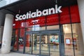 Toronto, Canada - April 1, 2023: A new, revised and updated Scotiabank logo and bank branch are seen in downtown Toronto.