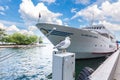 Toronto, Canada - August 26, 2021: A yacht in the port of Toronto Metropolis on Lake Ontario. A seagull sits on a pole on the pier