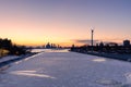 Frozen water at Ontario Place looking towards the Humber Bay Shores skyline at sunset Royalty Free Stock Photo
